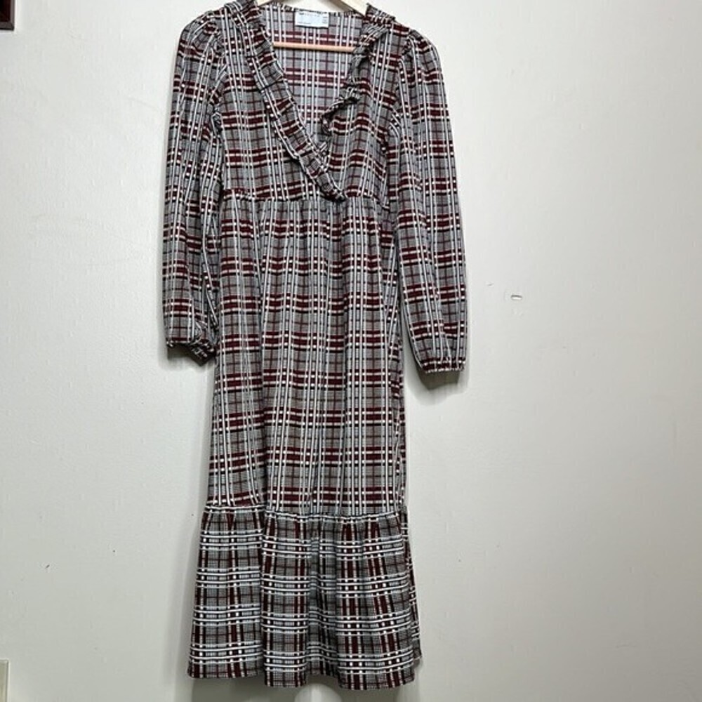 ASOS DESIGN MIDI SMOCK DRESS FRILL NECK BLACK & RUST CHECK PRINT SIZE 4P